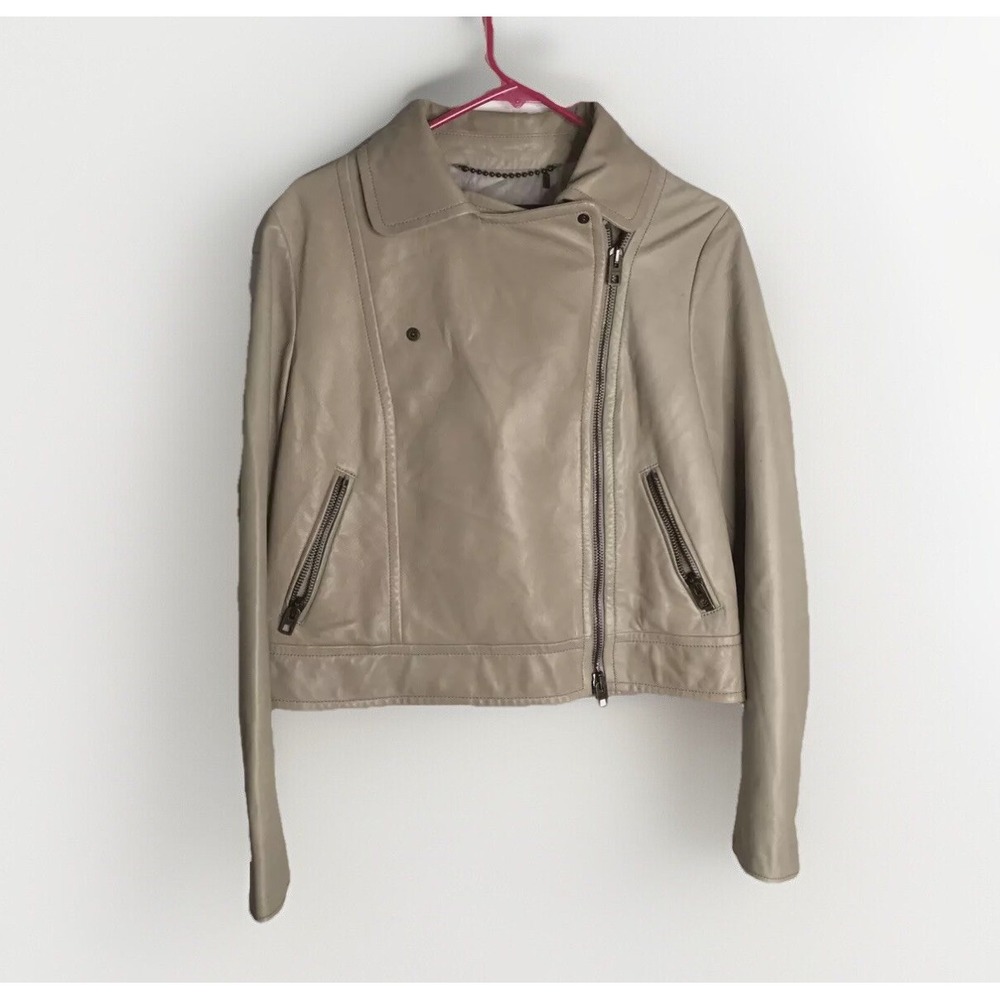 Coach Women's Beige Cropped 100% Lamb Leather Jacket Size L Asymmetrical zip